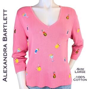 Alexandra Bartlett Sweater Size Large Pink Embroidered Cocktails Novelty V-Neck